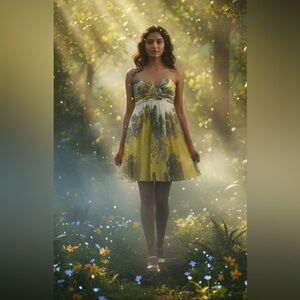 Y2K Aidan Mattox Strapless Silk Mini Babydoll Dress Yellow Blue‎ Gold Paisley 8